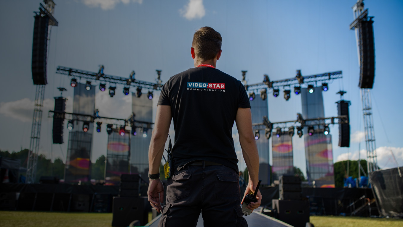 un technicien audiovisuel devant une scène de festival